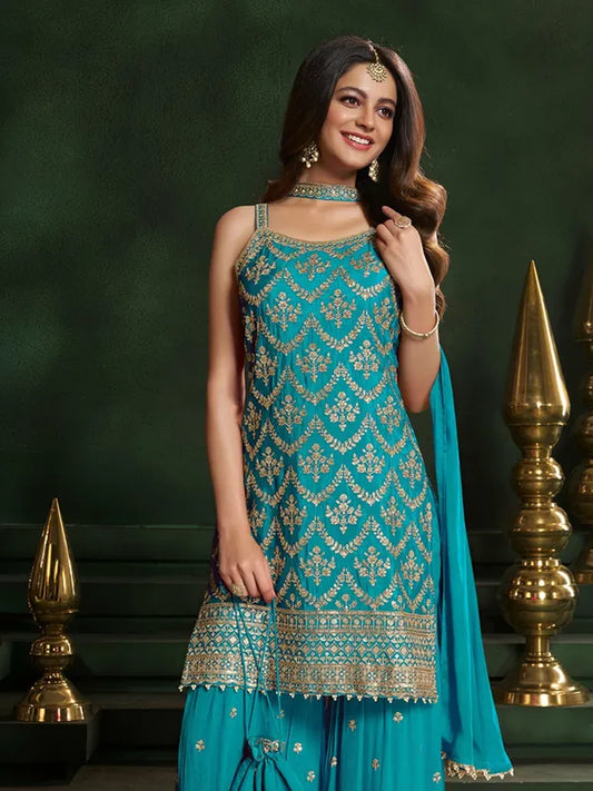 Aqua georgette sharara kurti set