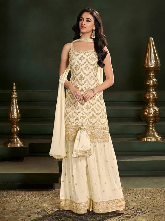 Cream georgette sharara kurti set