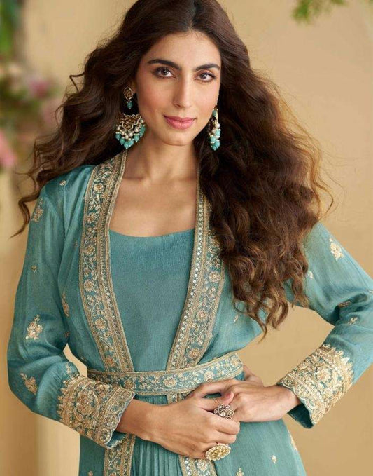 Aqua Green Embroidered Anarkali Gown With Jacket