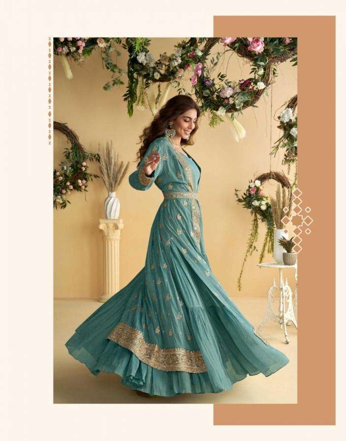 Aqua Green Embroidered Anarkali Gown With Jacket