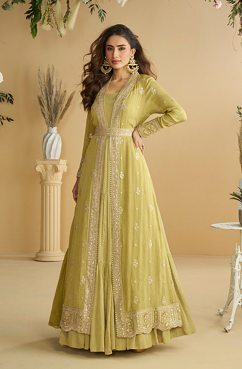 Light Yellow Embroidered Anarkali Gown With Jacket