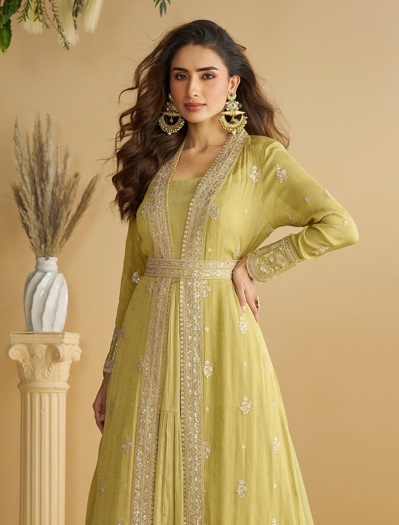 Light Yellow Embroidered Anarkali Gown With Jacket