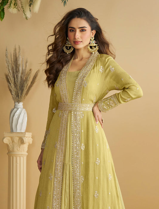 Light Yellow Embroidered Anarkali Gown With Jacket
