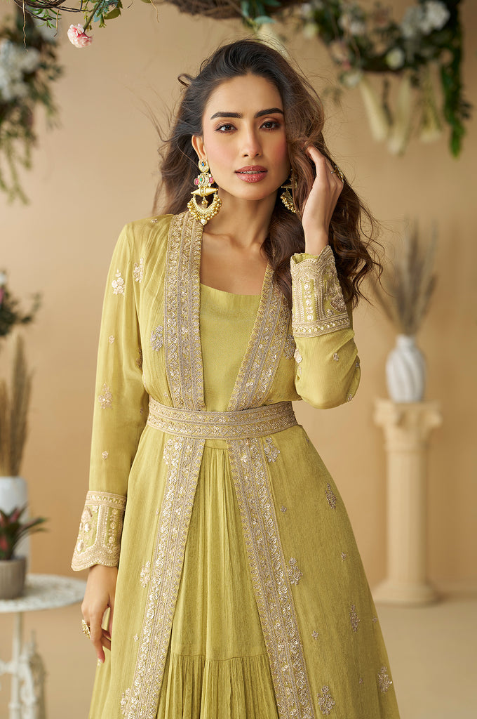 Light Yellow Embroidered Anarkali Gown With Jacket