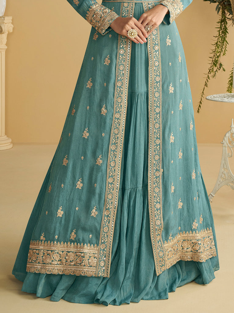 Aqua Green Embroidered Anarkali Gown With Jacket