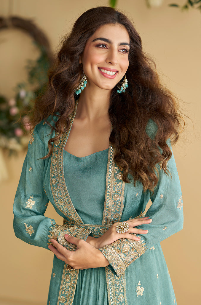 Aqua Green Embroidered Anarkali Gown With Jacket