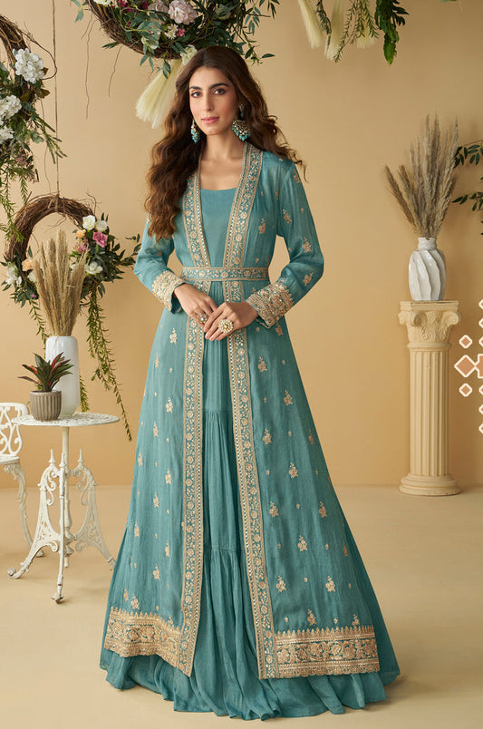 Aqua Green Embroidered Anarkali Gown With Jacket