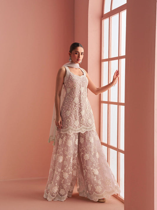 Dusty Pink Net Embroidered Sharara Suit with Bead Work