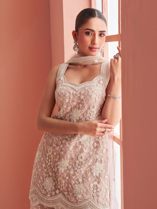Dusty Pink Net Embroidered Sharara Suit with Bead Work
