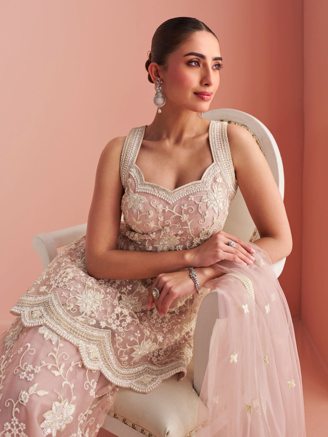 Dusty Pink Net Embroidered Sharara Suit with Bead Work