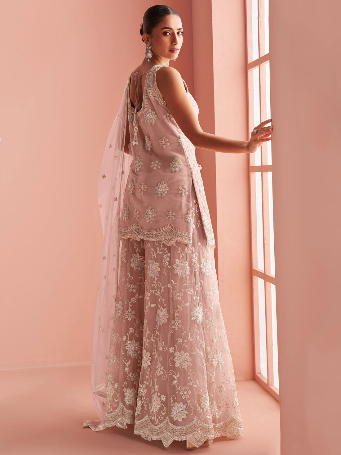 Dusty Pink Net Embroidered Sharara Suit with Bead Work