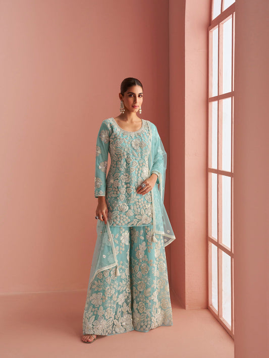 Aqua Blue Net Embroidered Sharara Suit with Dupatta