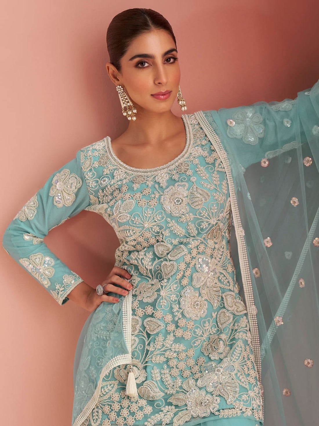 Aqua Blue Net Embroidered Sharara Suit with Dupatta