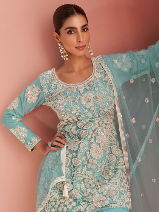 Aqua Blue Net Embroidered Sharara Suit with Dupatta