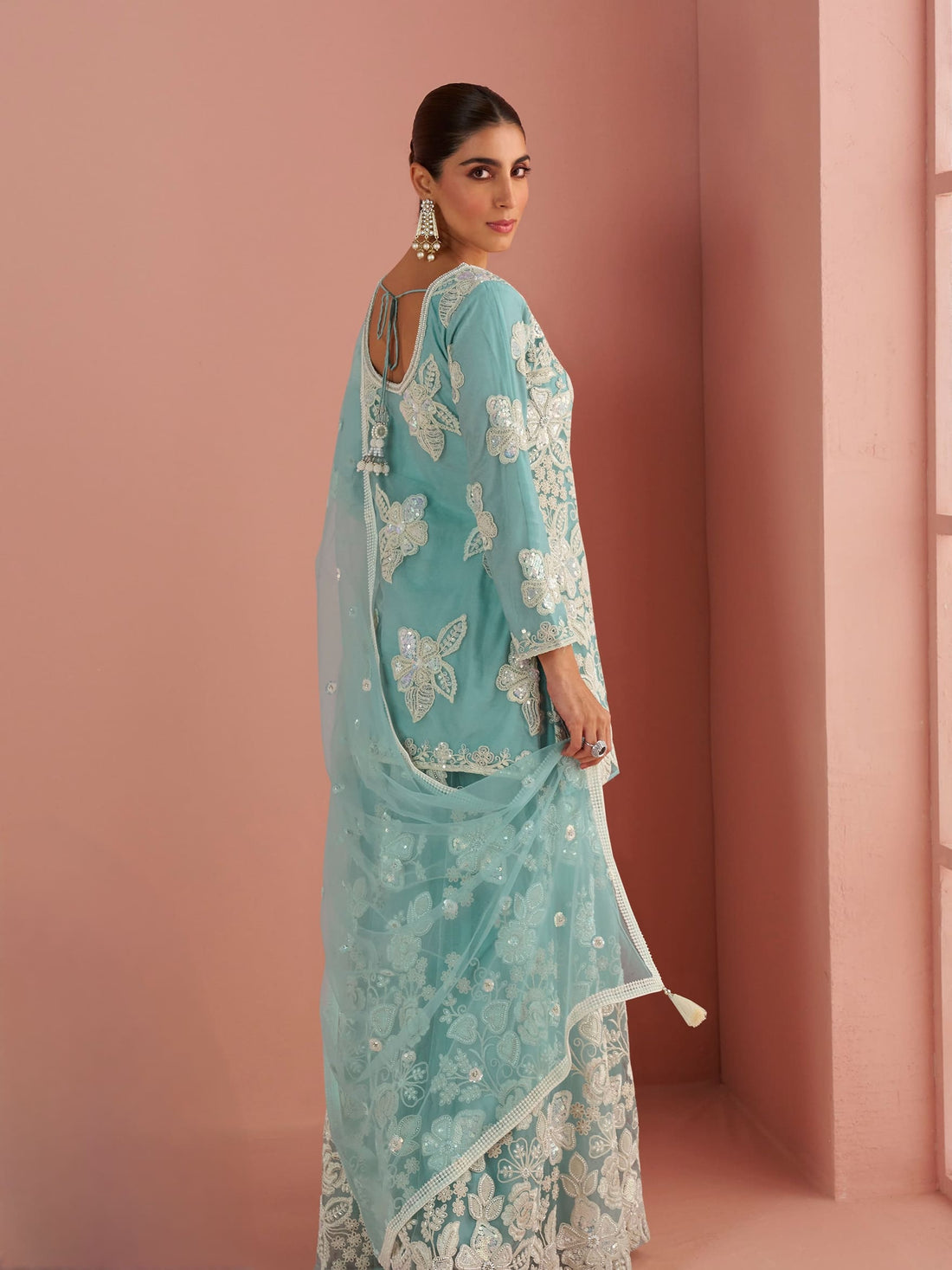 Aqua Blue Net Embroidered Sharara Suit with Dupatta