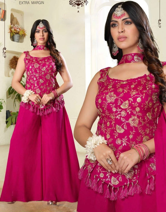 Pink Embroidered Chinon Palazzo Suit