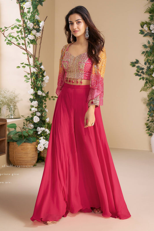 Hot Pink Palazzo Set With Bandhani Jacket