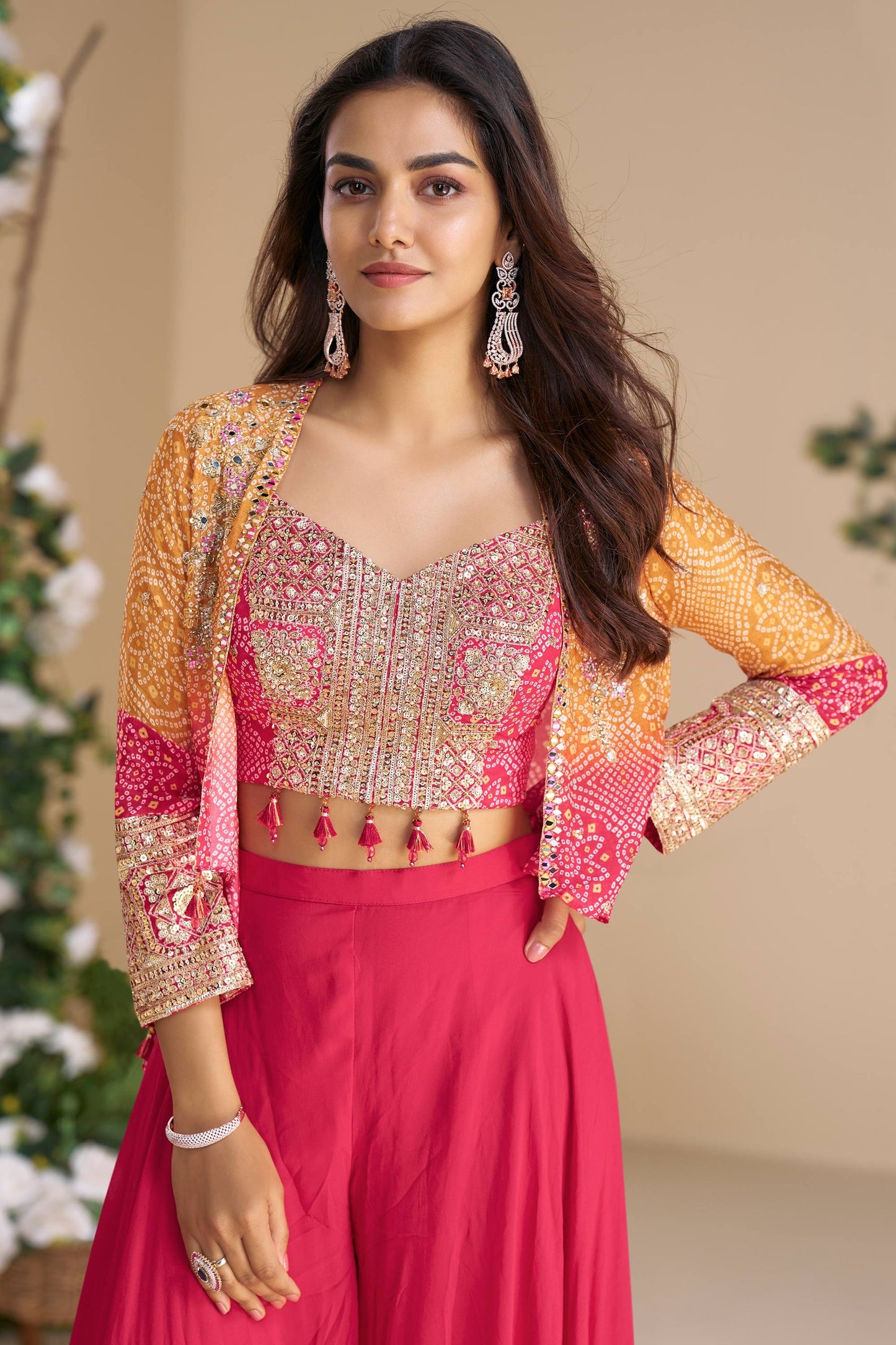 Hot Pink Palazzo Set With Bandhani Jacket