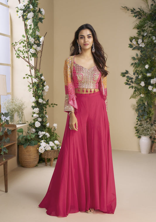 Hot Pink Palazzo Set With Bandhani Jacket