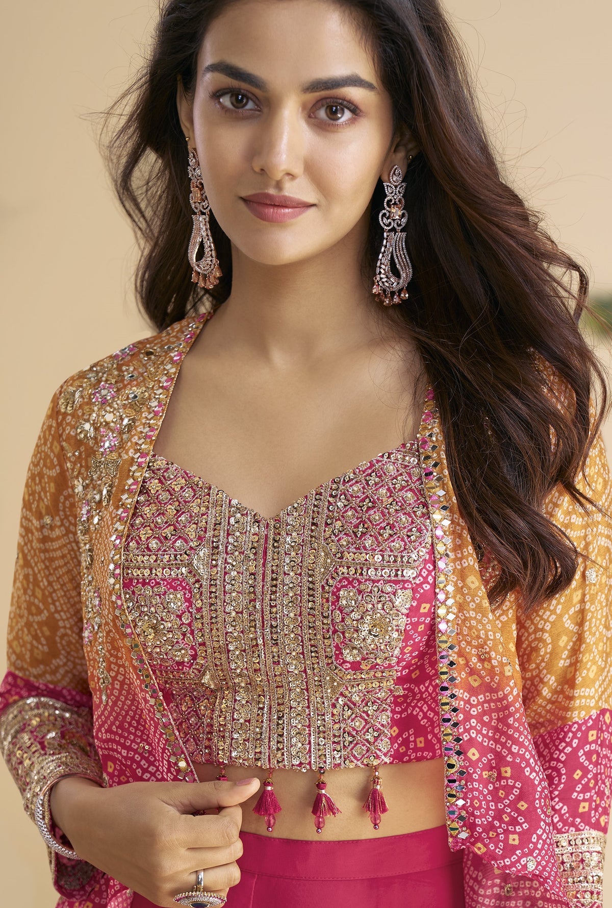 Hot Pink Palazzo Set With Bandhani Jacket