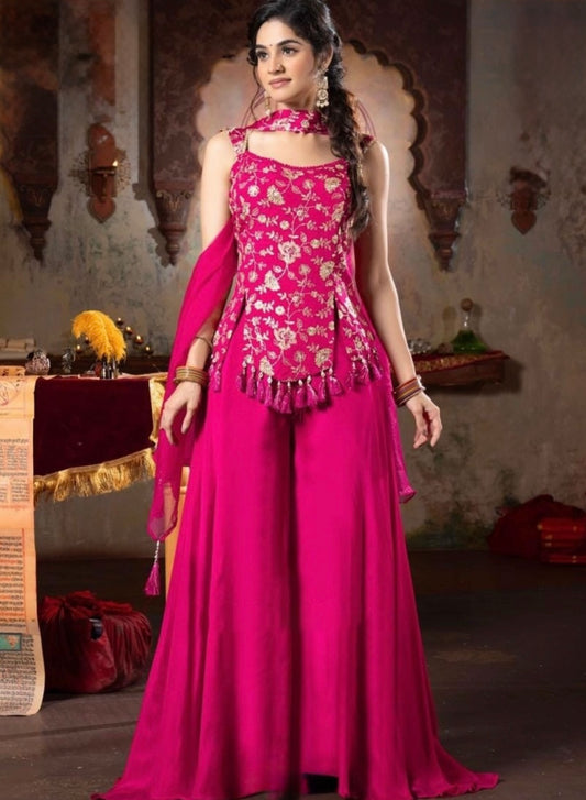 Pink Embroidered Chinon Palazzo Suit