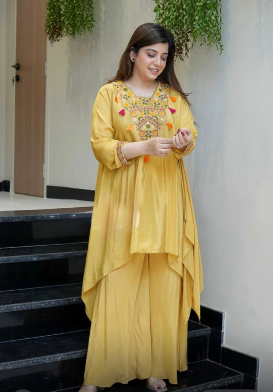 Asymmetrical Kurta & Palazzo Set with Mirror Work