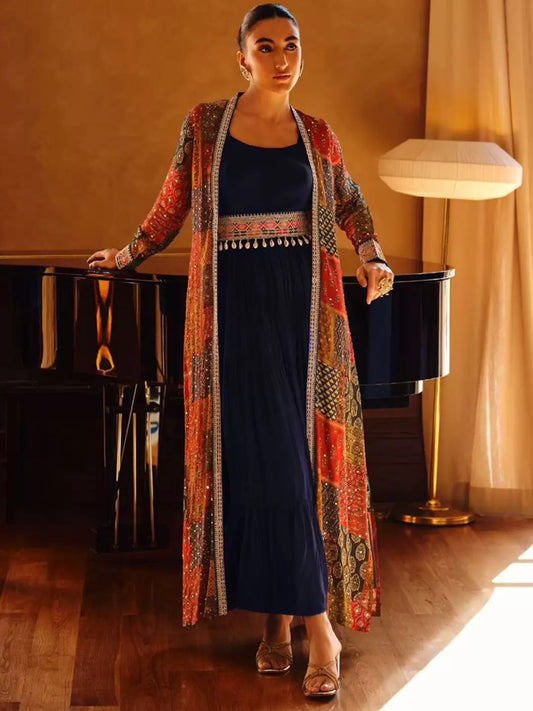 Deep Blue Printed Cape Dress
