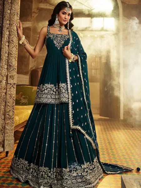 Green Embellished Georgette Lehenga Choli Set