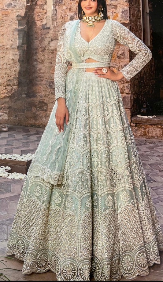Charming Sea Green Imported Soft Net Dull Golden Embroidered