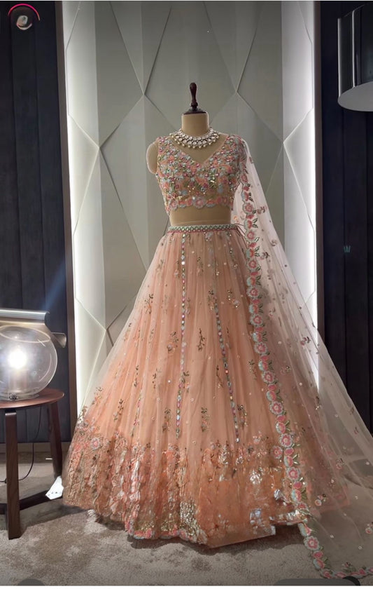 Peach Thread Embroidered Net Lehenga Set