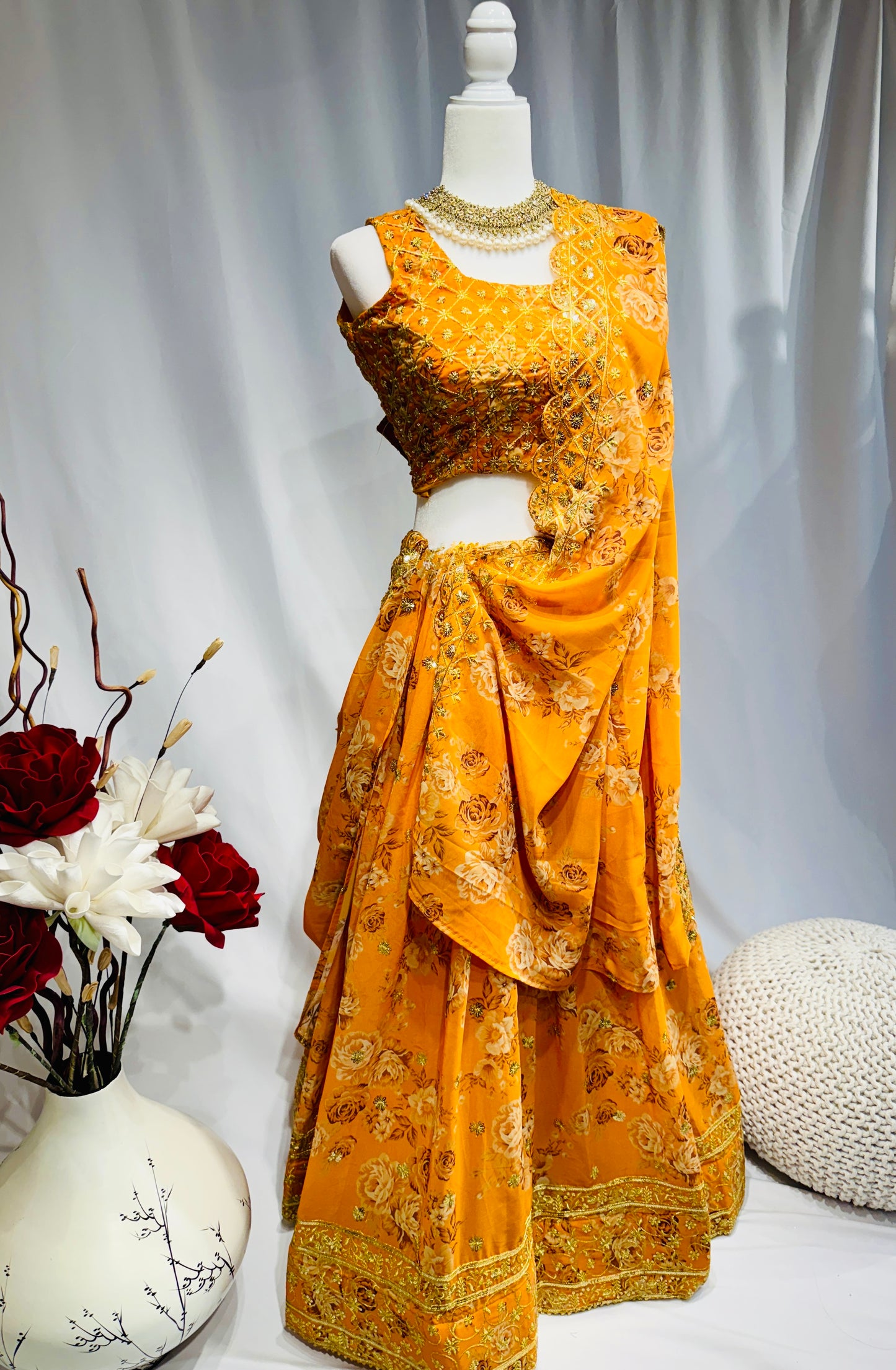 Yellowish-Orange Floral Print Embroidered Organza Lehenga