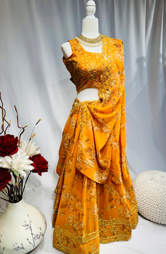 Yellowish-Orange Floral Print Embroidered Organza Lehenga