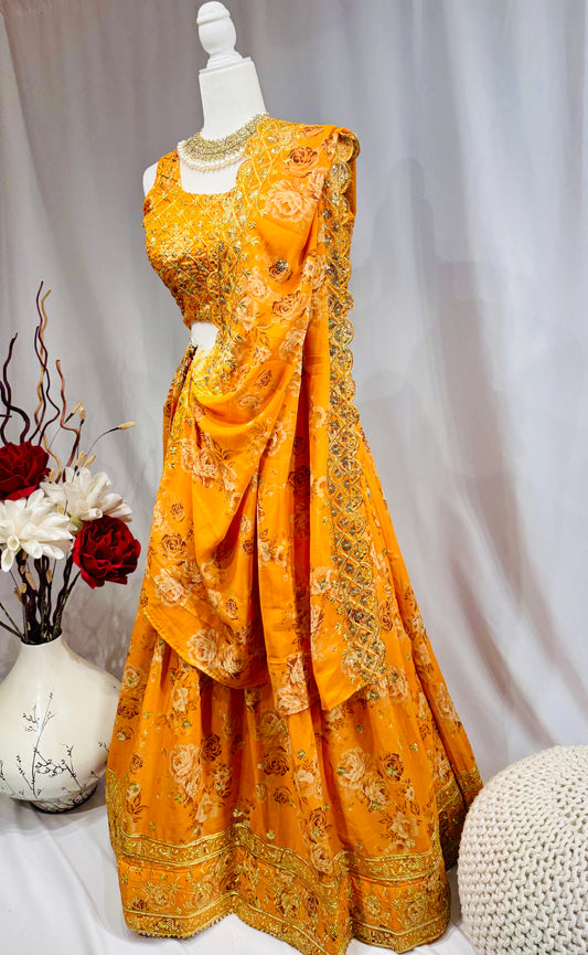 Yellowish-Orange Floral Print Embroidered Organza Lehenga