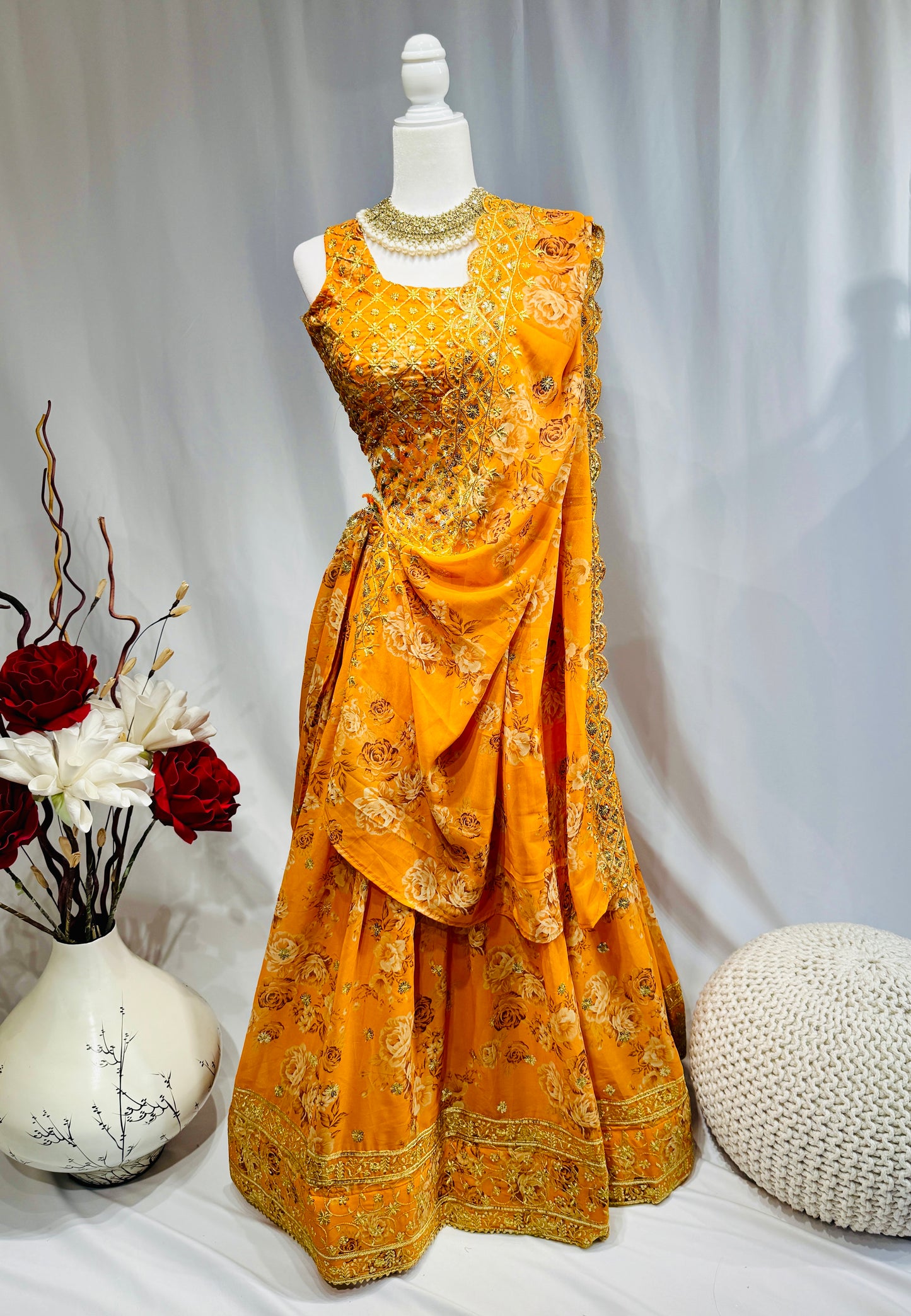 Yellowish-Orange Floral Print Embroidered Organza Lehenga