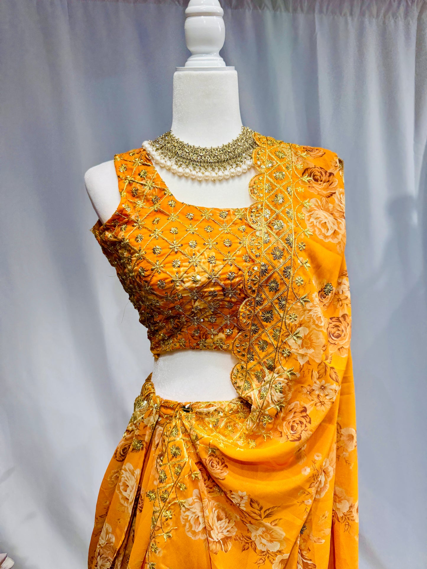 Yellowish-Orange Floral Print Embroidered Organza Lehenga