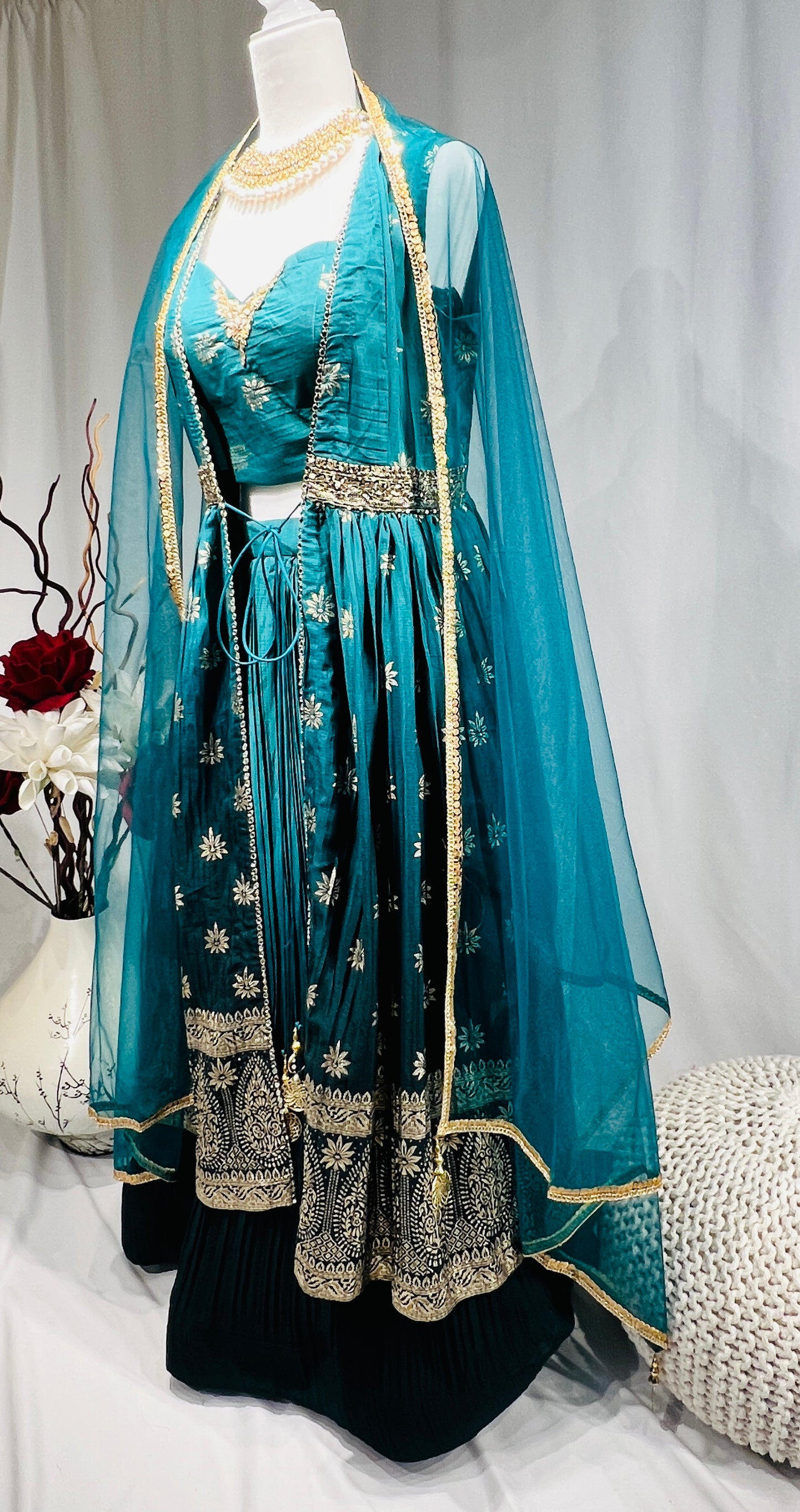 Turquoise Green Art Silk Lehenga Cape set