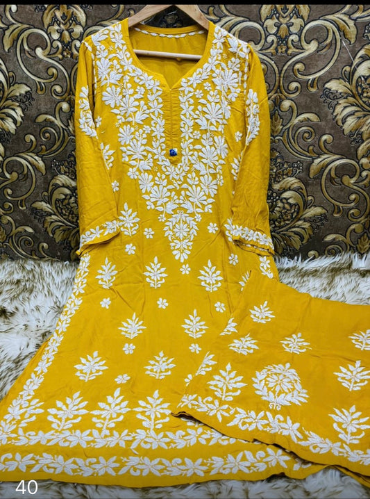 Yellow Exquisite Lucknowi Chikankari Modal Kurti with White Rayon Palazzo