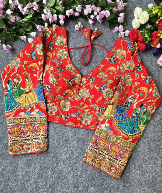 Red embroidered Georgette Blouse with sleeves