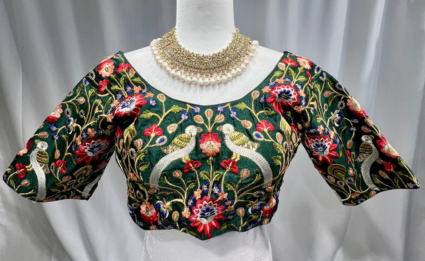 Green embroidered round neck Blouse with sleeve