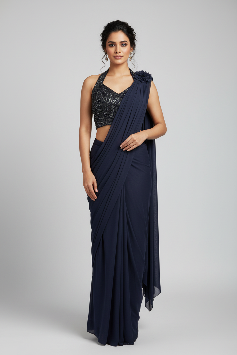 Sylish blue Ready-To-Wear Saree