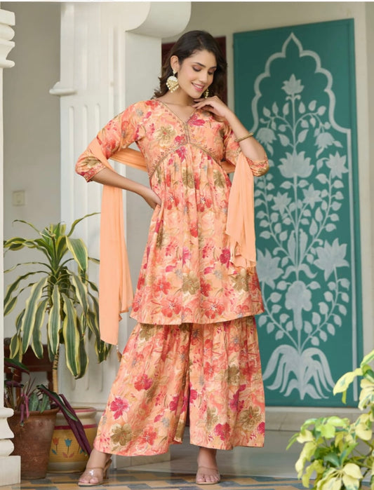 Peach printed Alia cut Short kurti sharara set with chiffon dupatta