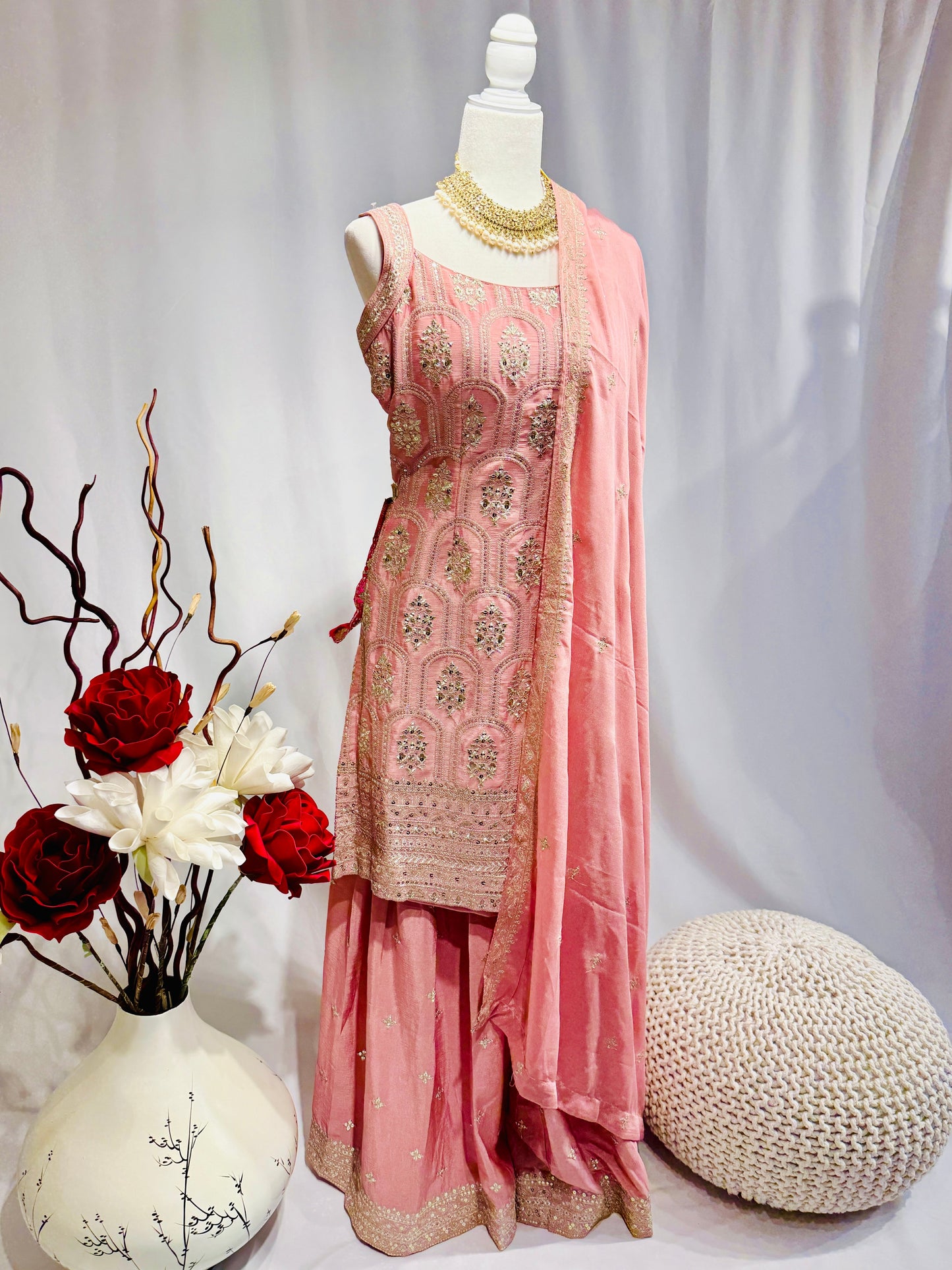 Pink Sharara with intricate silver thread embroidery
