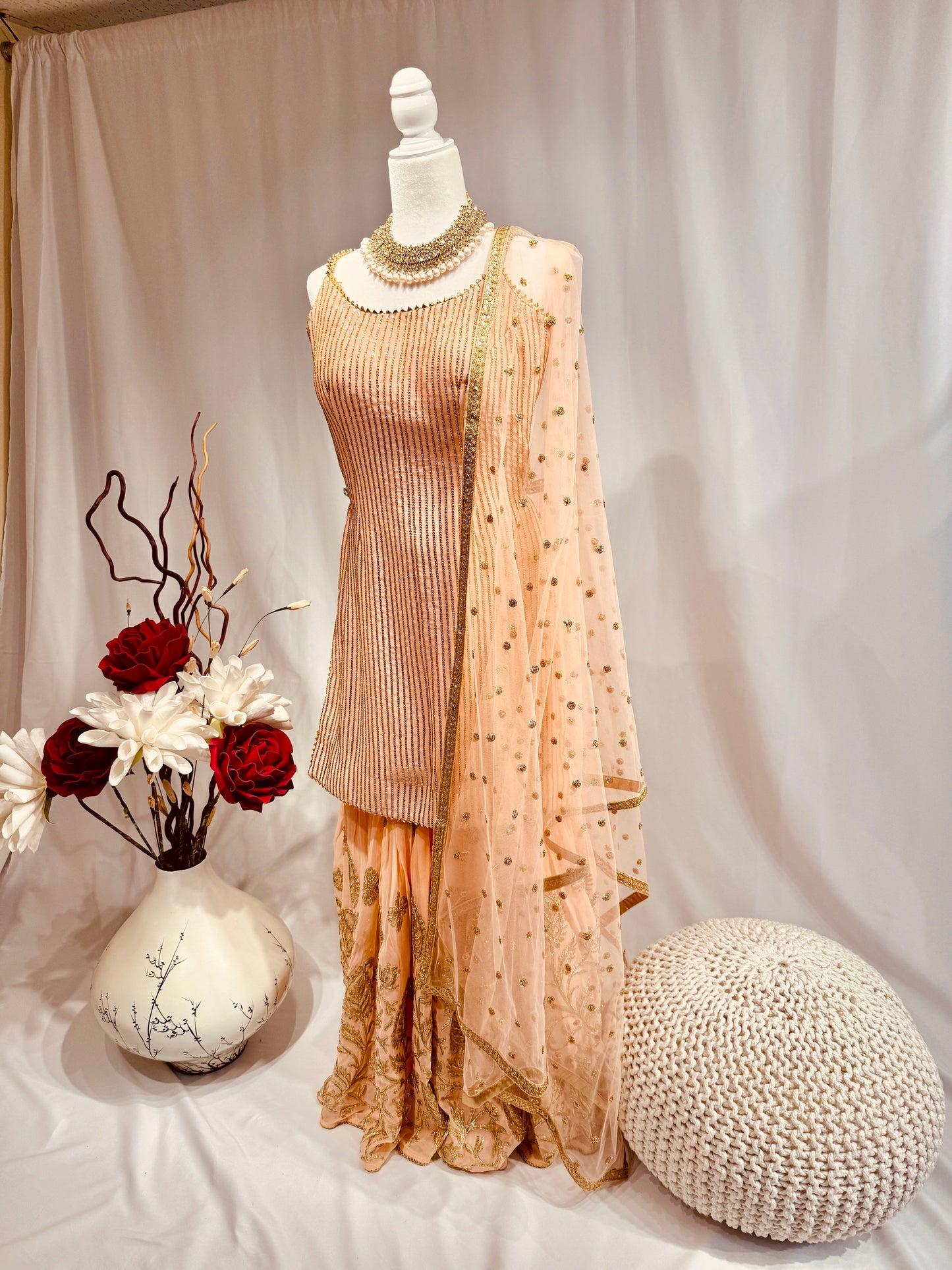 Stylish Peach Sequins Sharara Suit