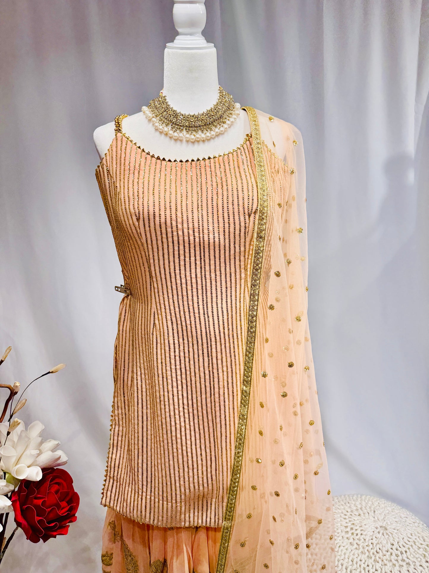 Stylish Peach Sequins Sharara Suit