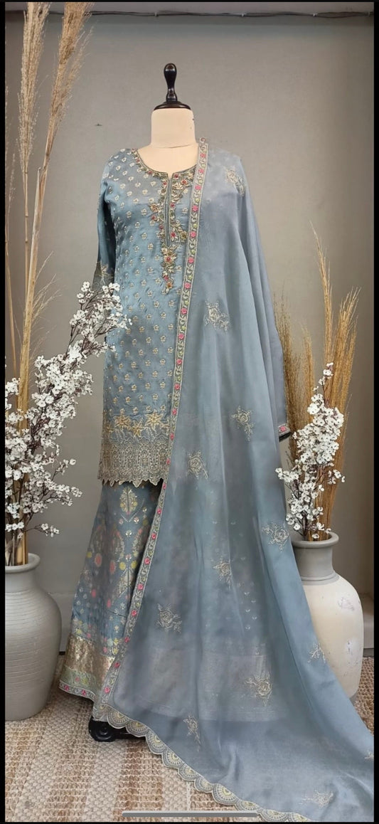 Ice blue embroidered sharara set