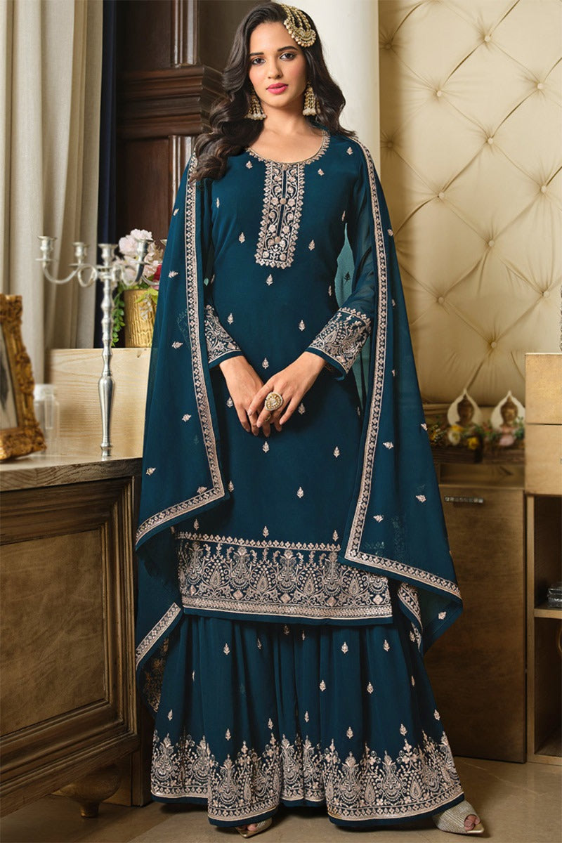 Peacock Blue Georgette Fancy Sharara Suit