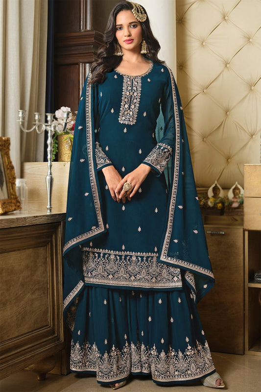 Peacock Blue Georgette Fancy Sharara Suit