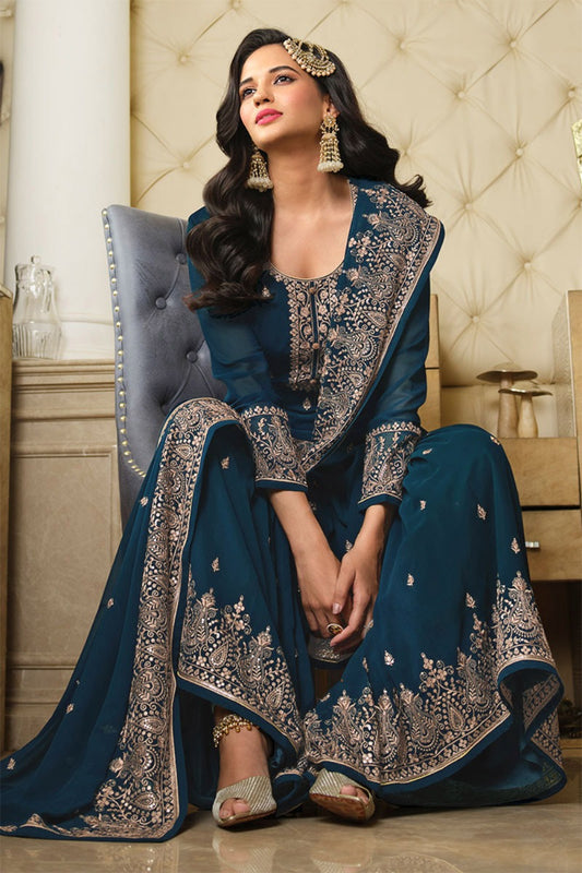 Peacock Blue Georgette Fancy Sharara Suit