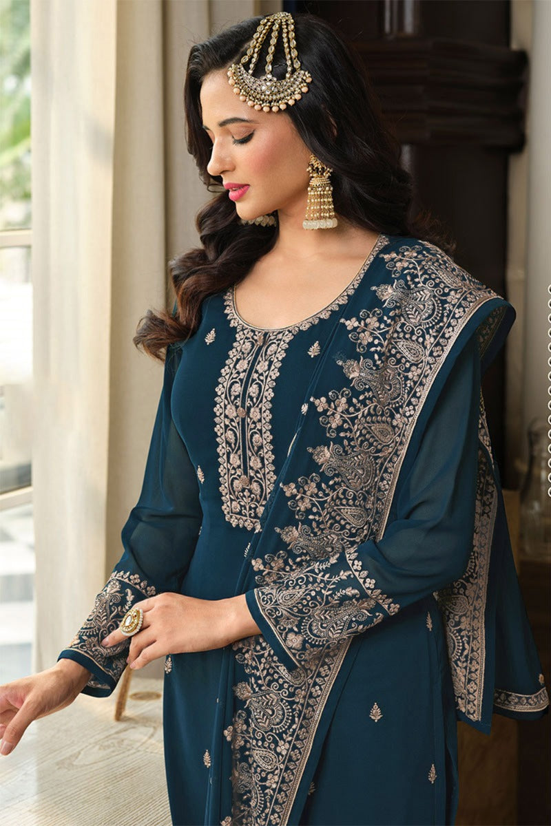 Peacock Blue Georgette Fancy Sharara Suit