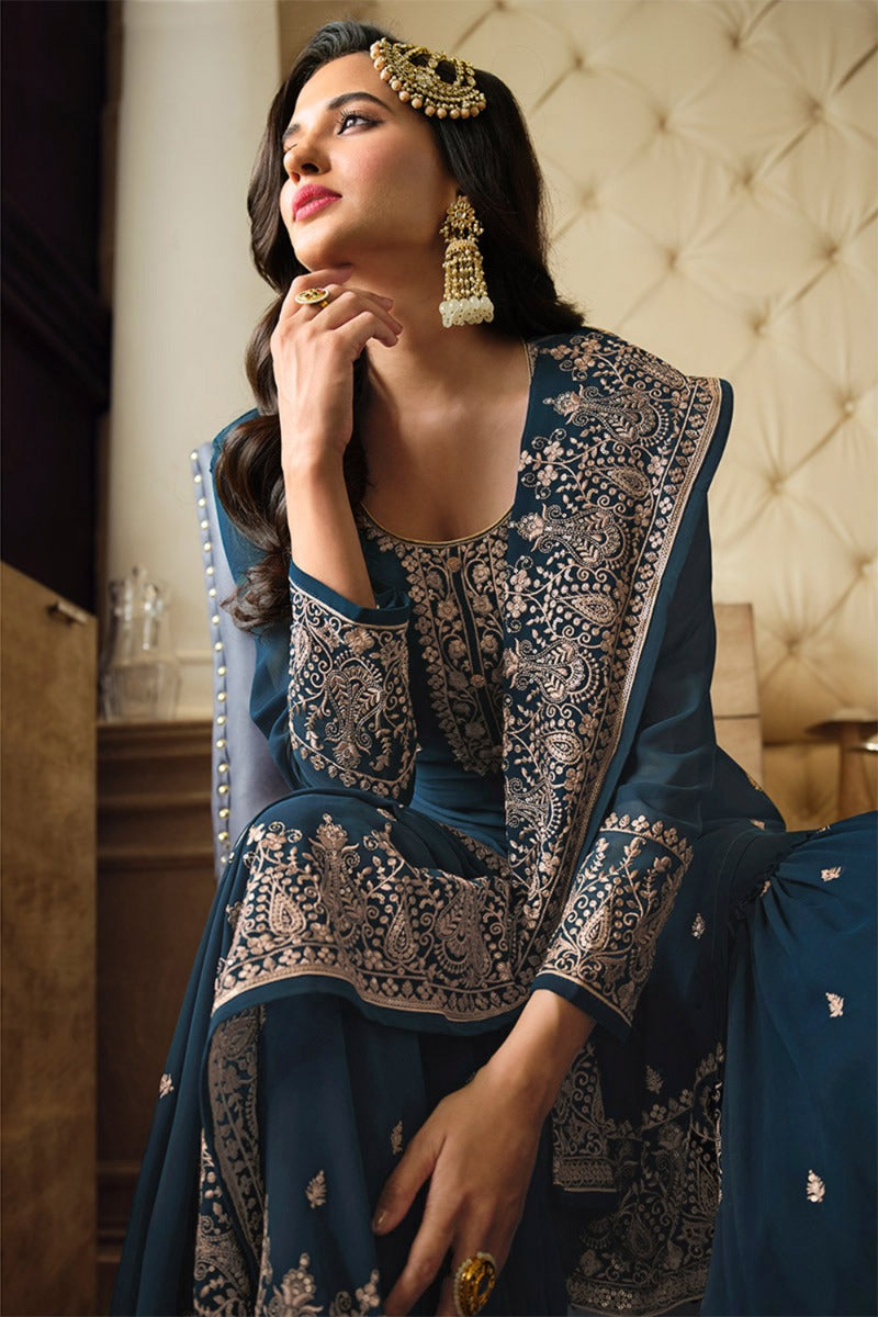 Peacock Blue Georgette Fancy Sharara Suit